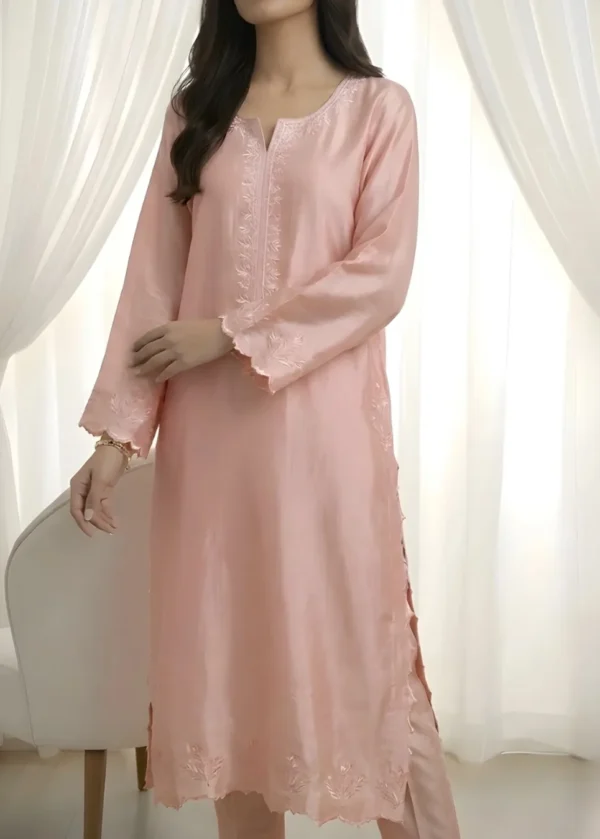 Baby Pink Sheesha Silk Cutwork Suit Front