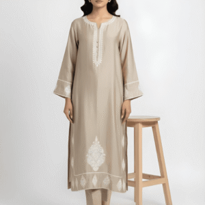 Aari embroidery detail on beige Sheesha Silk formal suit