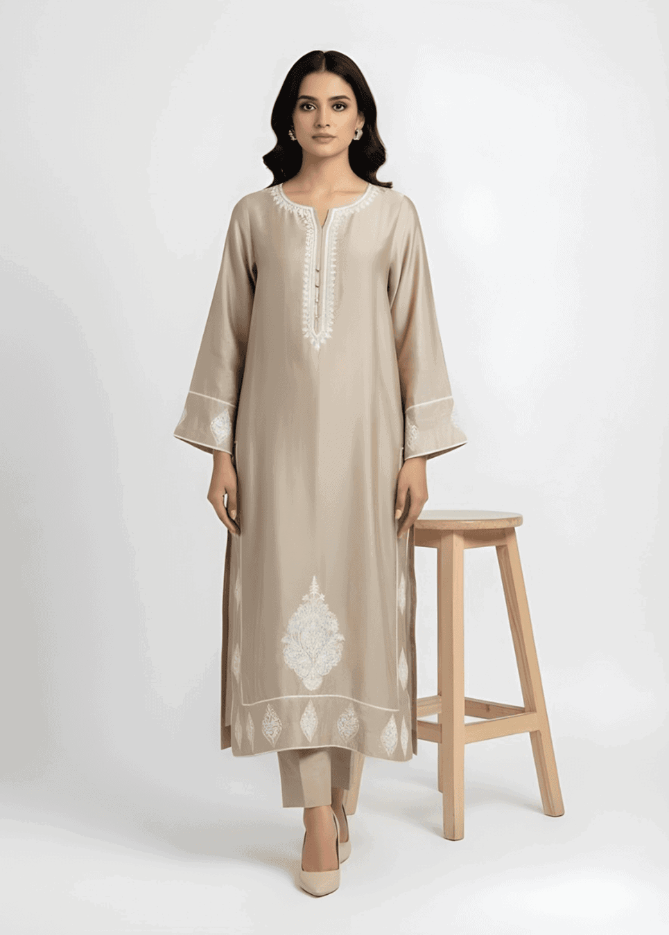 Aari embroidery detail on beige Sheesha Silk formal suit