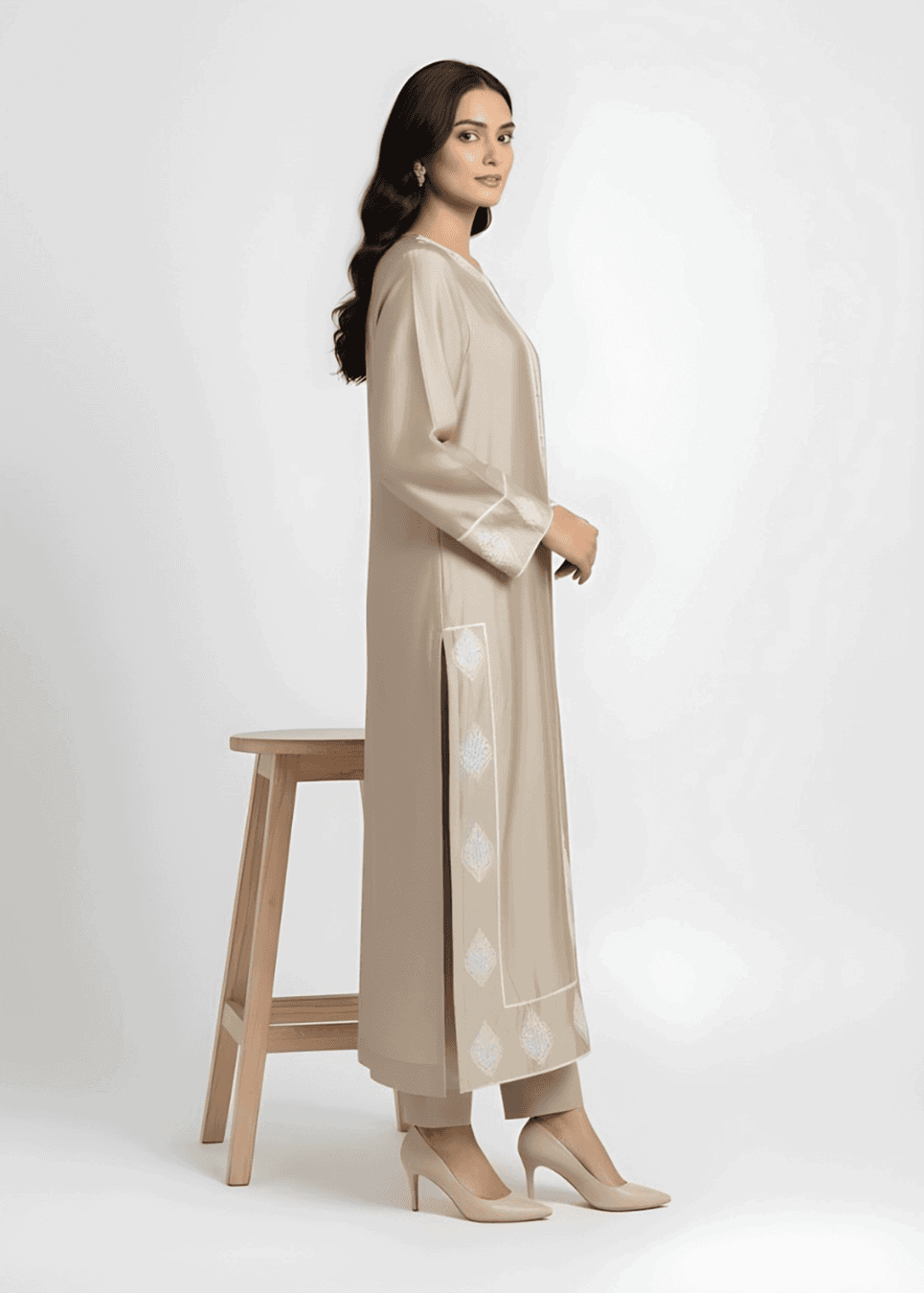 Beige formal suit border embroidery