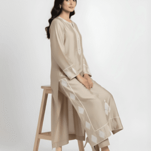 Beige aari work Sheesha Silk formal suit