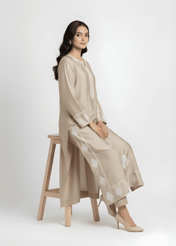 Beige aari work Sheesha Silk formal suit