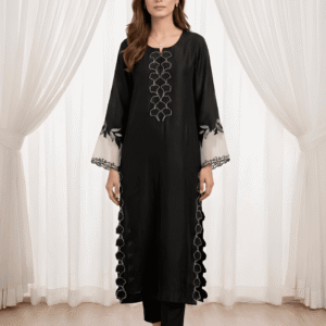 Black Pure Sheesha Silk formal suit with resham embroidery