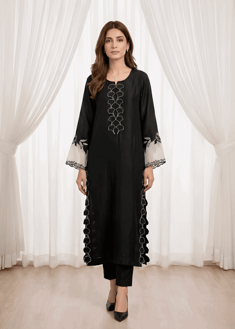 Black Pure Sheesha Silk formal suit with resham embroidery