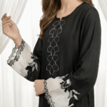 Detailed resham embroidery on Black Sheesha Silk formal suit neckline
