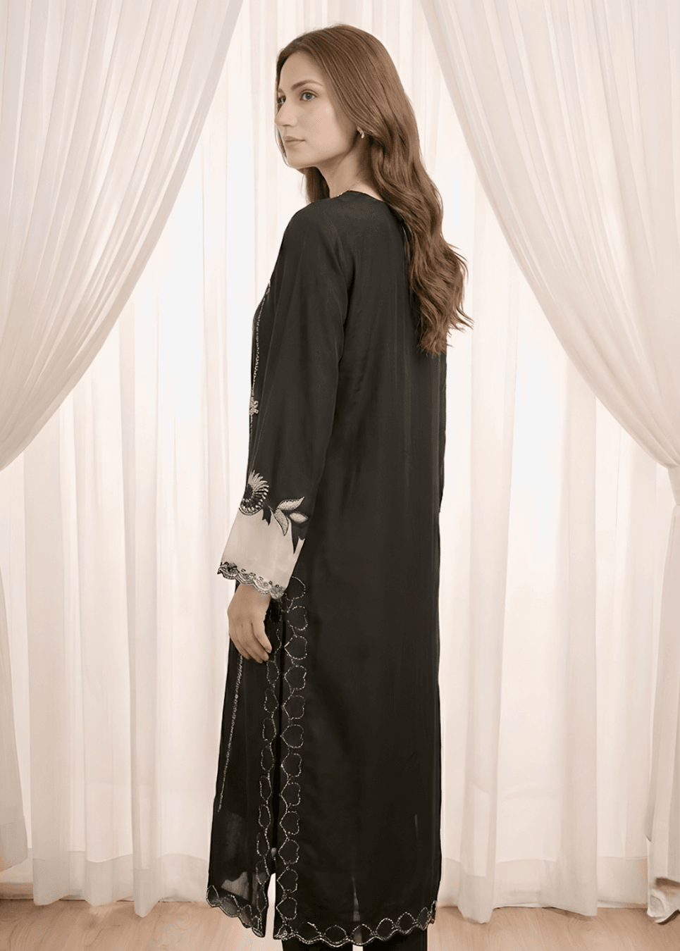 Black Sheesha Silk formal suit with cutwork detailing on side panel