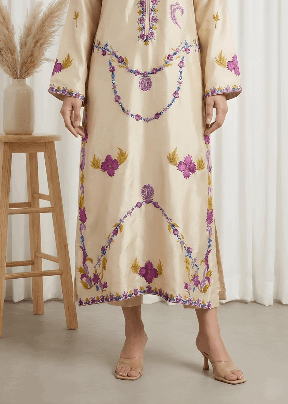 Resham embroidery and mirror work detailing on Jehanara formal suit