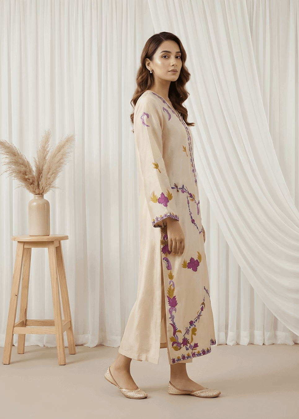 Ivory sheesha silk formal dress neckline embroidery