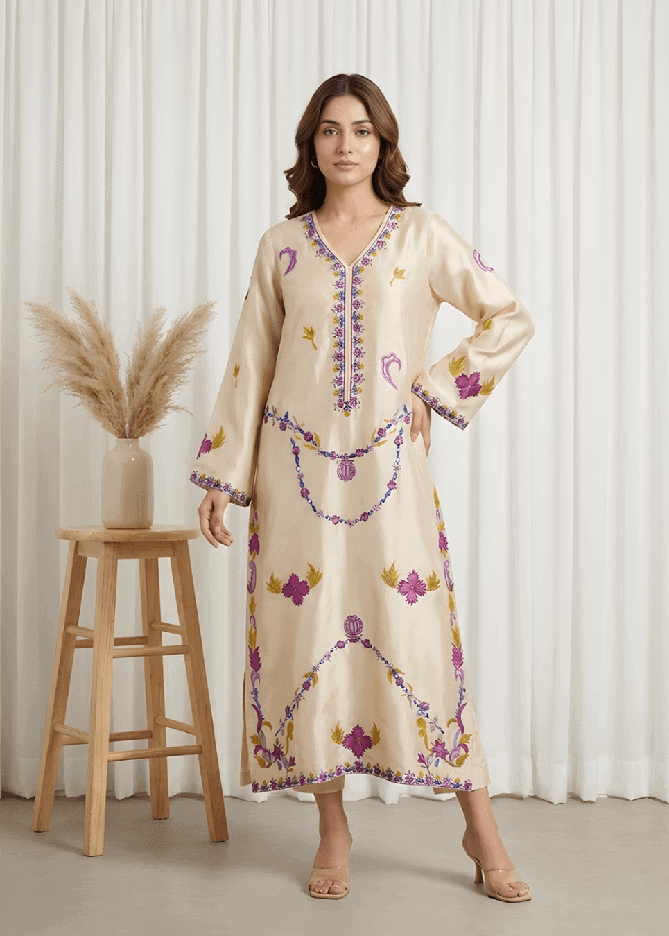 Jehanara ivory sheesha silk formal suit with resham embroidery and mirror work