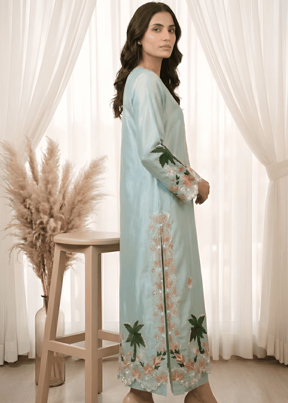 Floral resham embroidery on light blue Sheesha Silk formal suit