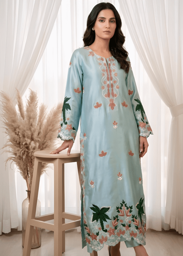 Light blue floral Sheesha Silk formal suit