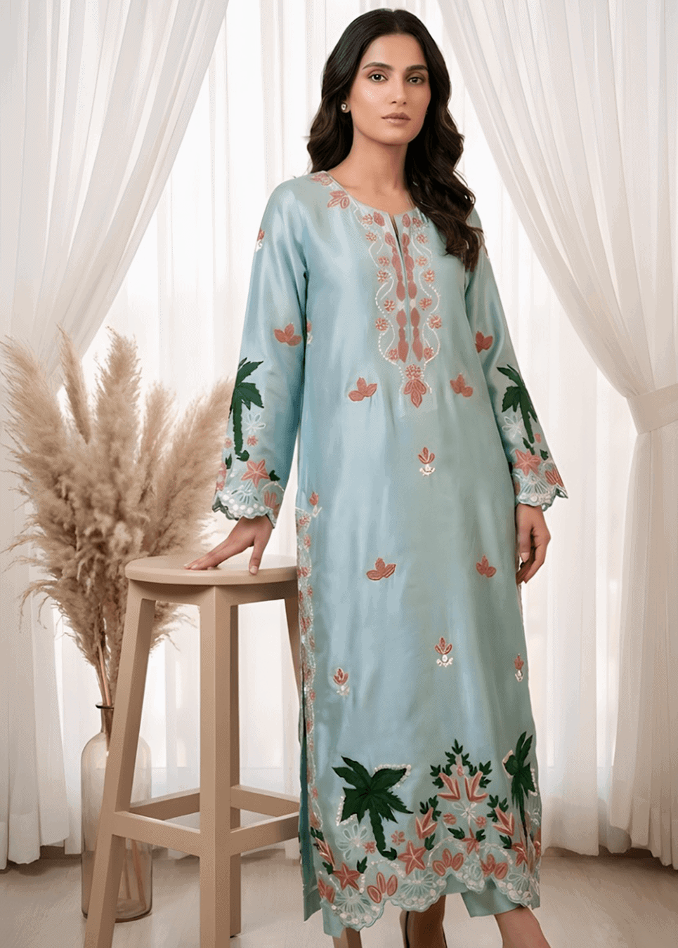 Light blue floral Sheesha Silk formal suit