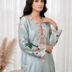 Resham embroidery sleeves on light blue formal suit