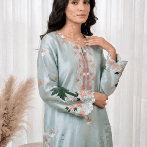 Resham embroidery sleeves on light blue formal suit