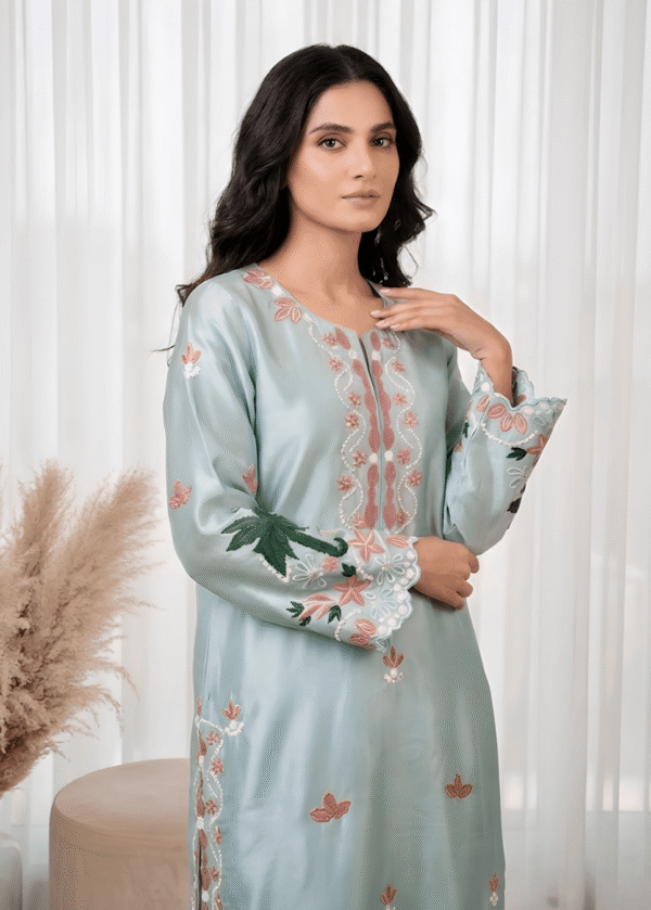 Resham embroidery sleeves on light blue formal suit