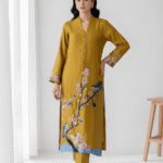 Mustard yellow sheesha silk formal suit with hand resham embroidery