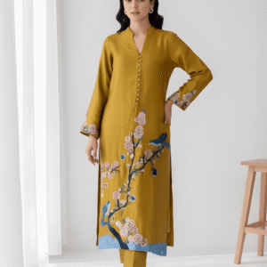 Mustard yellow sheesha silk formal suit with hand resham embroidery