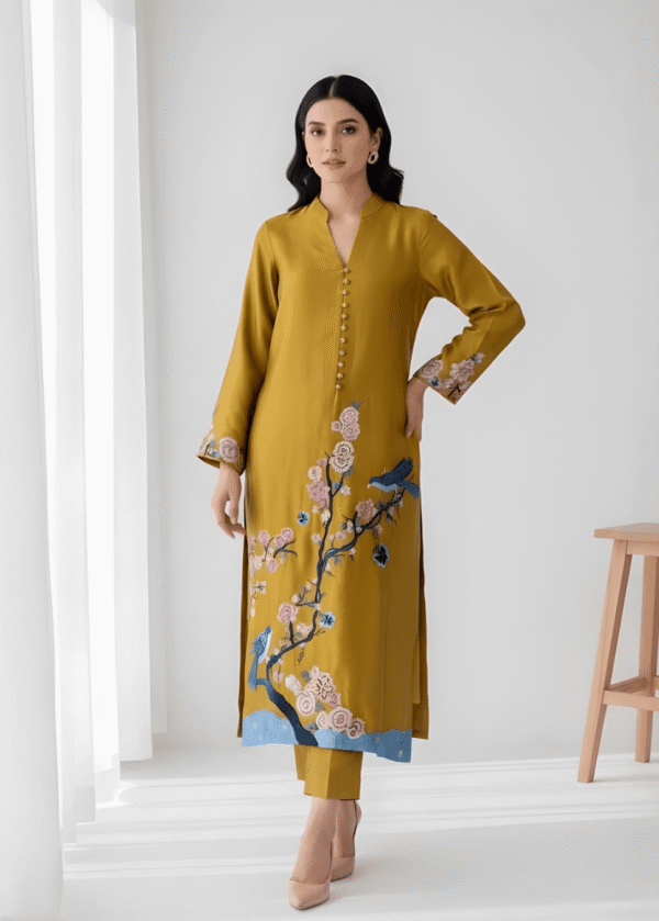Mustard yellow sheesha silk formal suit with hand resham embroidery