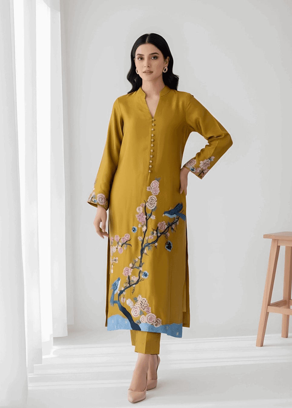 Mustard yellow sheesha silk formal suit with hand resham embroidery