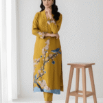 Close-up of resham thread embroidery on mustard sheesha silk formal suit