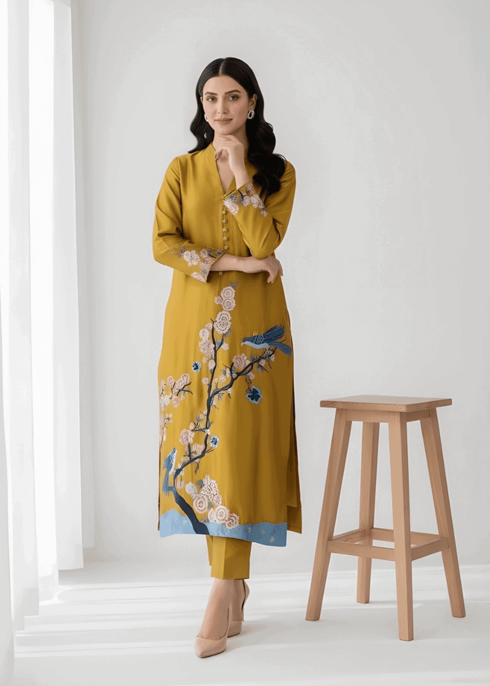 Close-up of resham thread embroidery on mustard sheesha silk formal suit