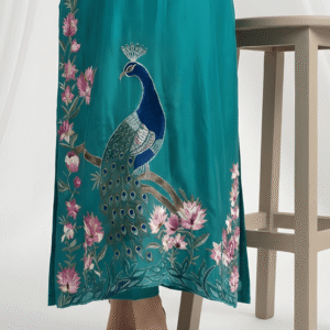 Daman peacock embroidery on peacock blue sheesha silk dress