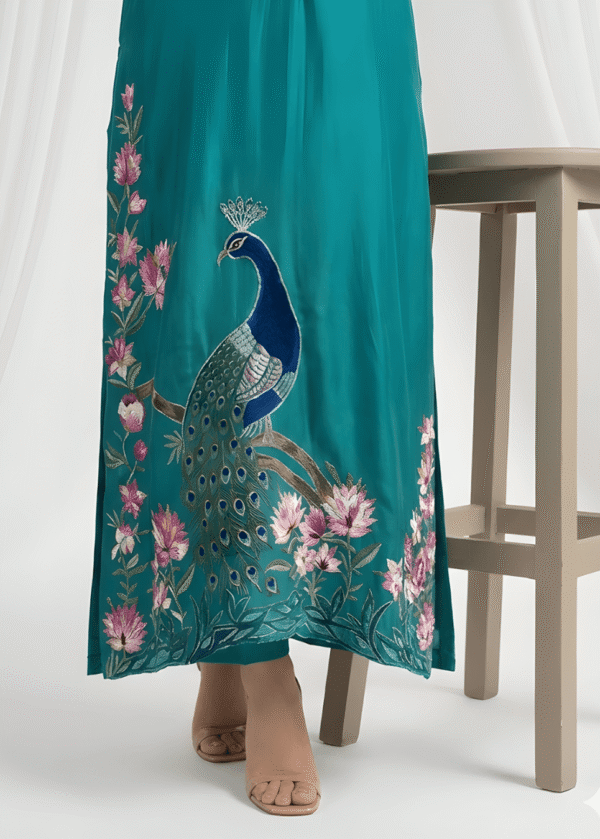 Daman peacock embroidery on peacock blue sheesha silk dress