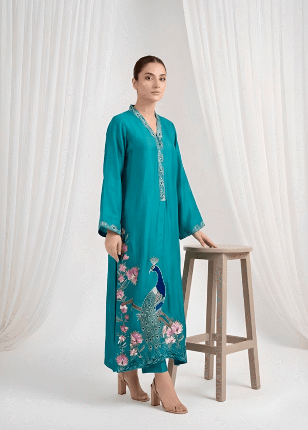 Peacock blue sheesha silk formal suit