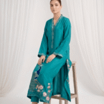 Peacock embroidery detail on sheesha silk formal suit