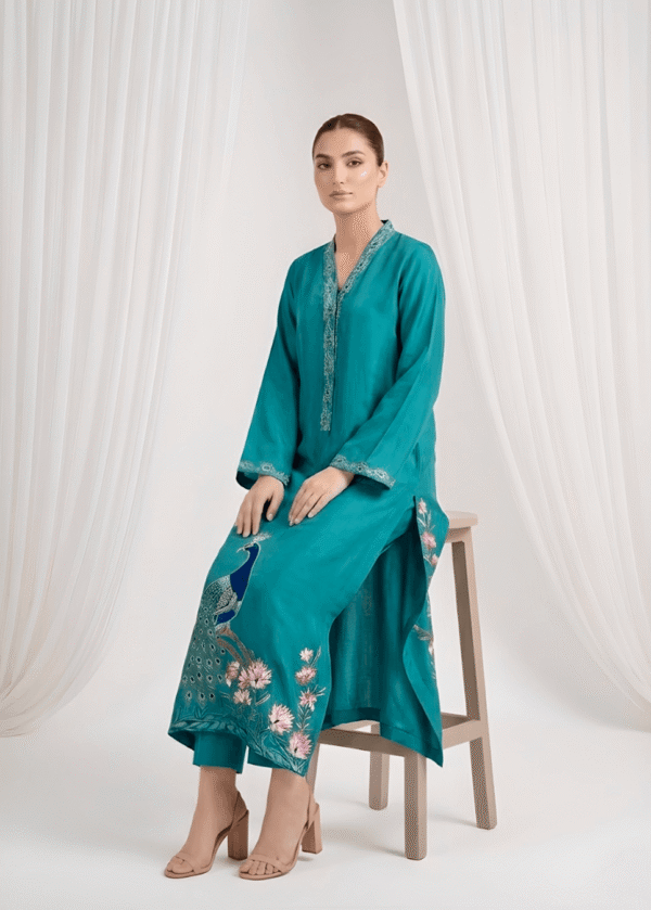 Peacock embroidery detail on sheesha silk formal suit