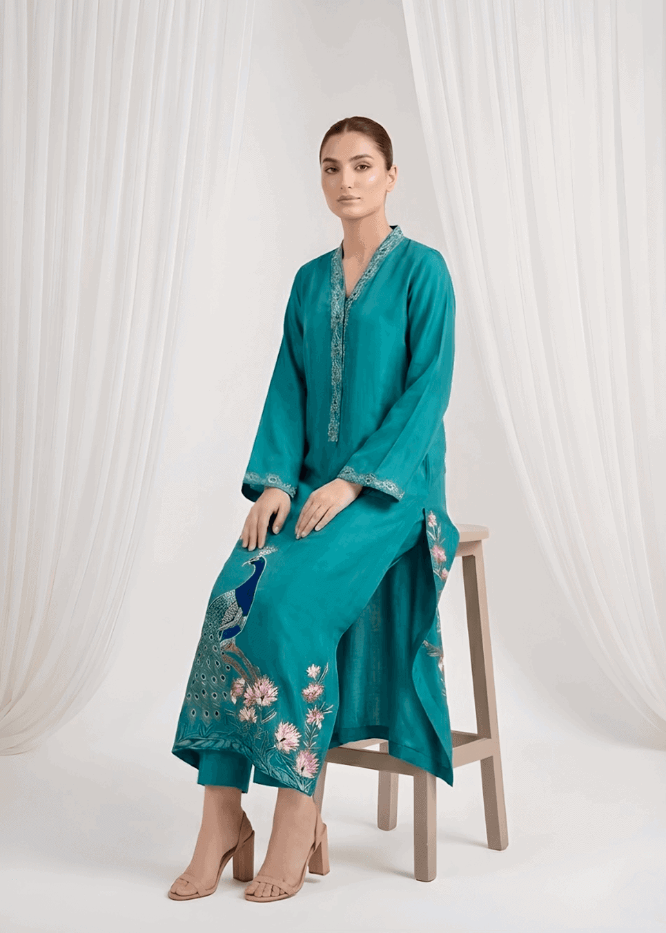 Peacock embroidery detail on sheesha silk formal suit