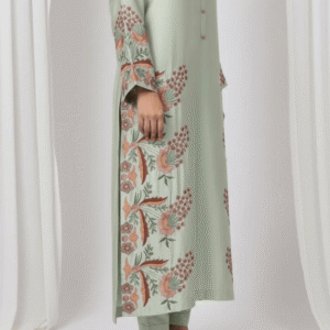 Daman Resham embroidery detail on Pista Green Sheesha Silk suit