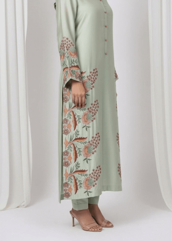 Daman Resham embroidery detail on Pista Green Sheesha Silk suit