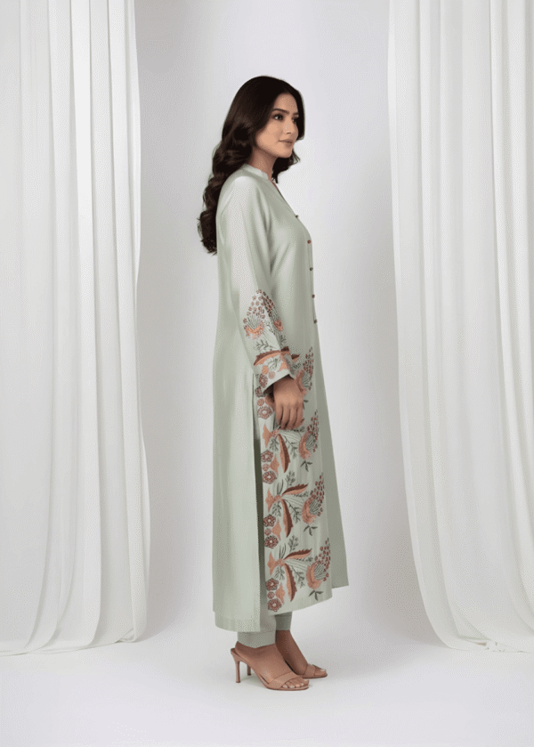 Resham work sleeves on Pista Green Sheesha Silk formal suit