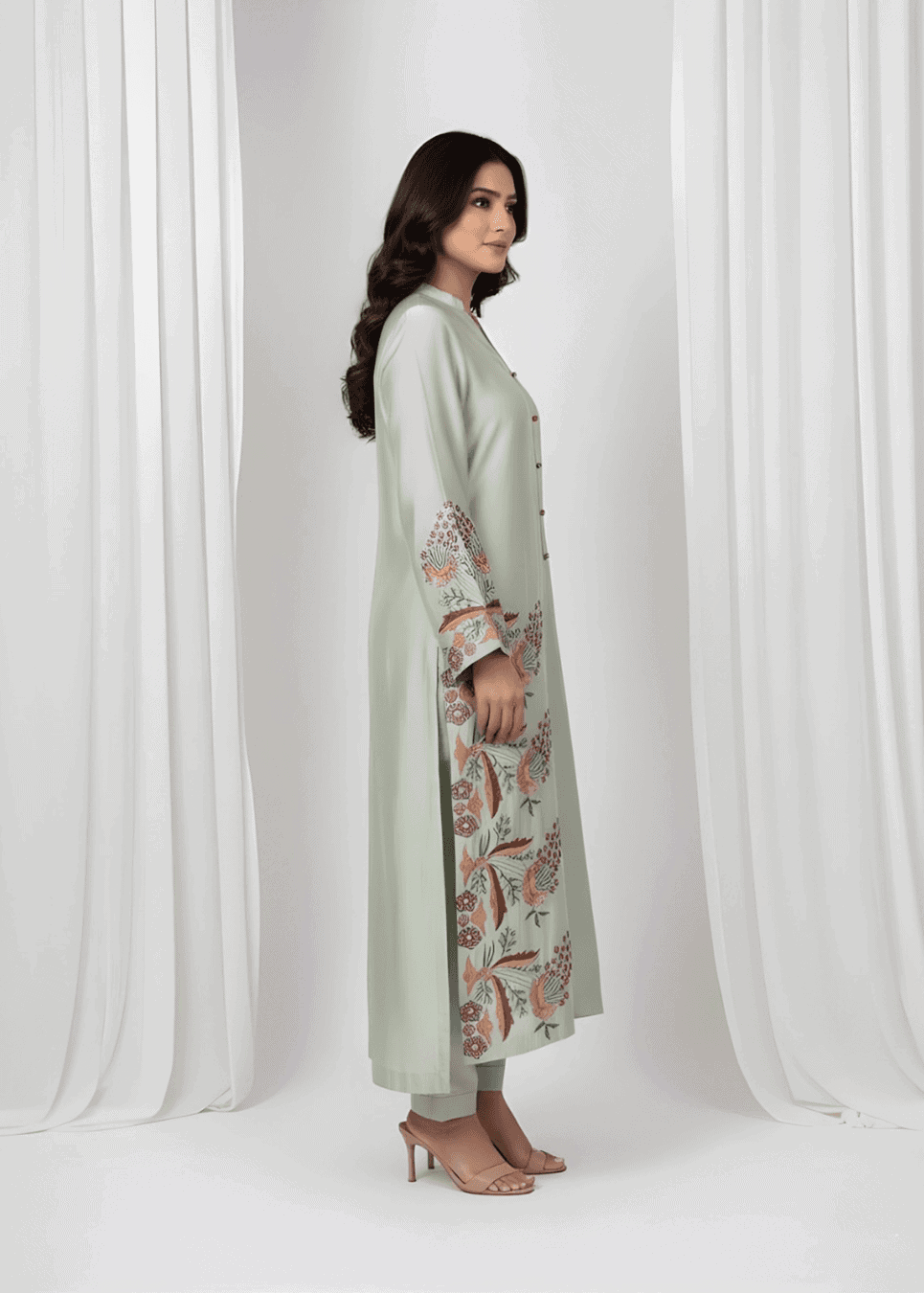 Resham work sleeves on Pista Green Sheesha Silk formal suit