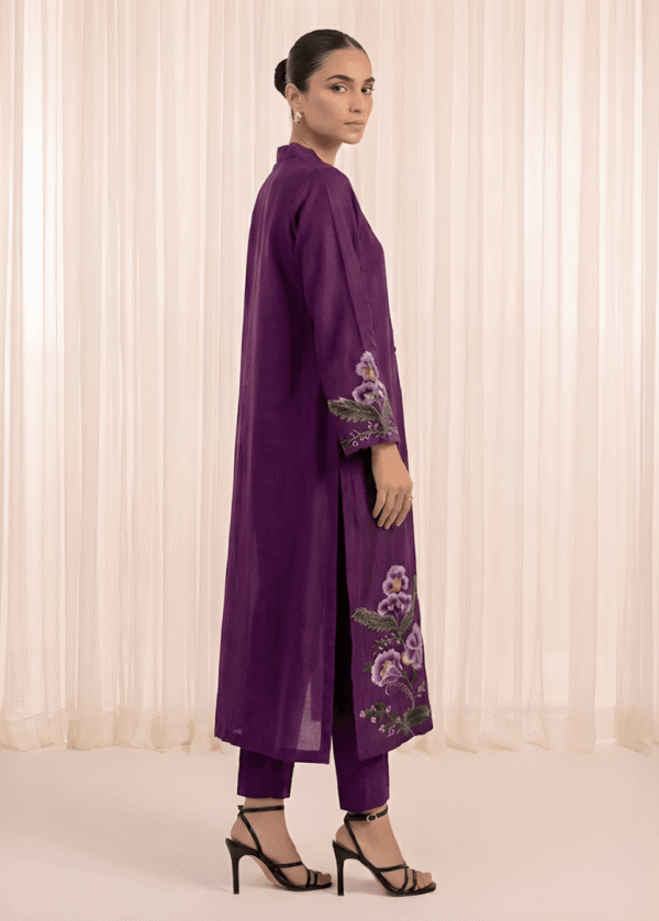 Resham thread embroidery on sleeves of plum purple sheesha silk suit