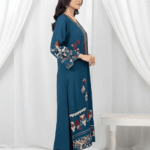 Intricate resham work embroidery on Zinc Blue Sheesha Silk formal suit