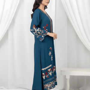 Intricate resham work embroidery on Zinc Blue Sheesha Silk formal suit