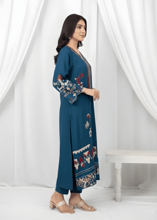 Intricate resham work embroidery on Zinc Blue Sheesha Silk formal suit