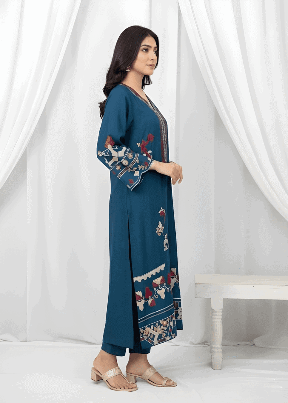 Intricate resham work embroidery on Zinc Blue Sheesha Silk formal suit